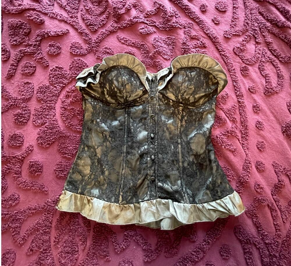 vintage charlotte russe black and grey lace with ruffles corset top